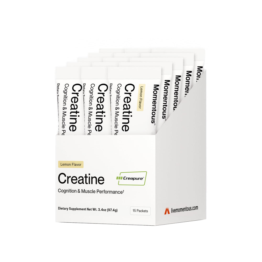 Momentous Creatine Lemon packets for on-the-go performance during workouts.