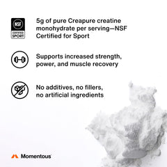 Momentous powder in a glass shows fast mix with water for clean taste and smooth texture.
