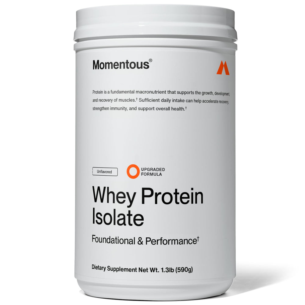 Momentous Essential grass-fed whey bottle for quick post-workout fueling
