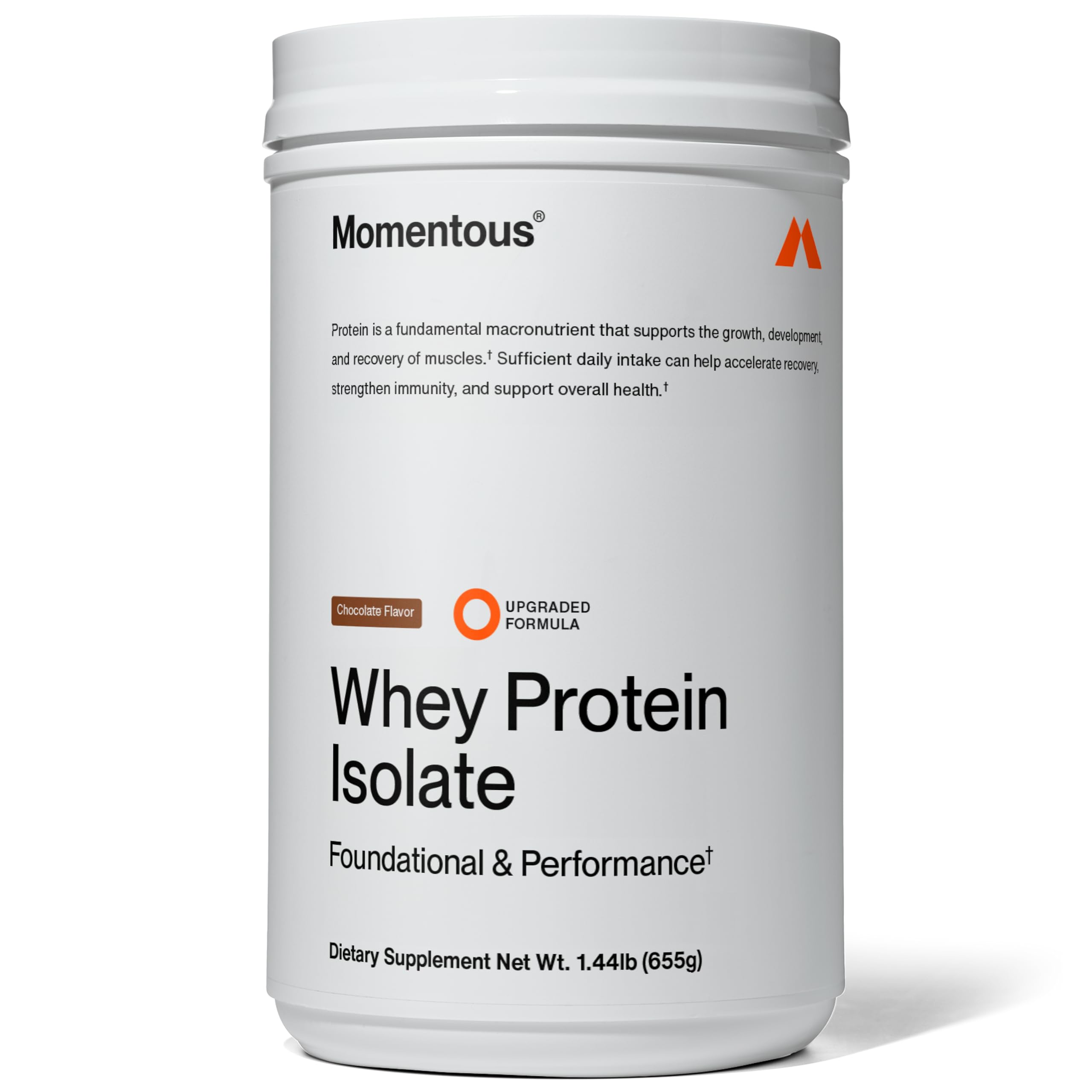 Momentous Essential grass-fed whey powder chocolate bottle for post-workout fueling.