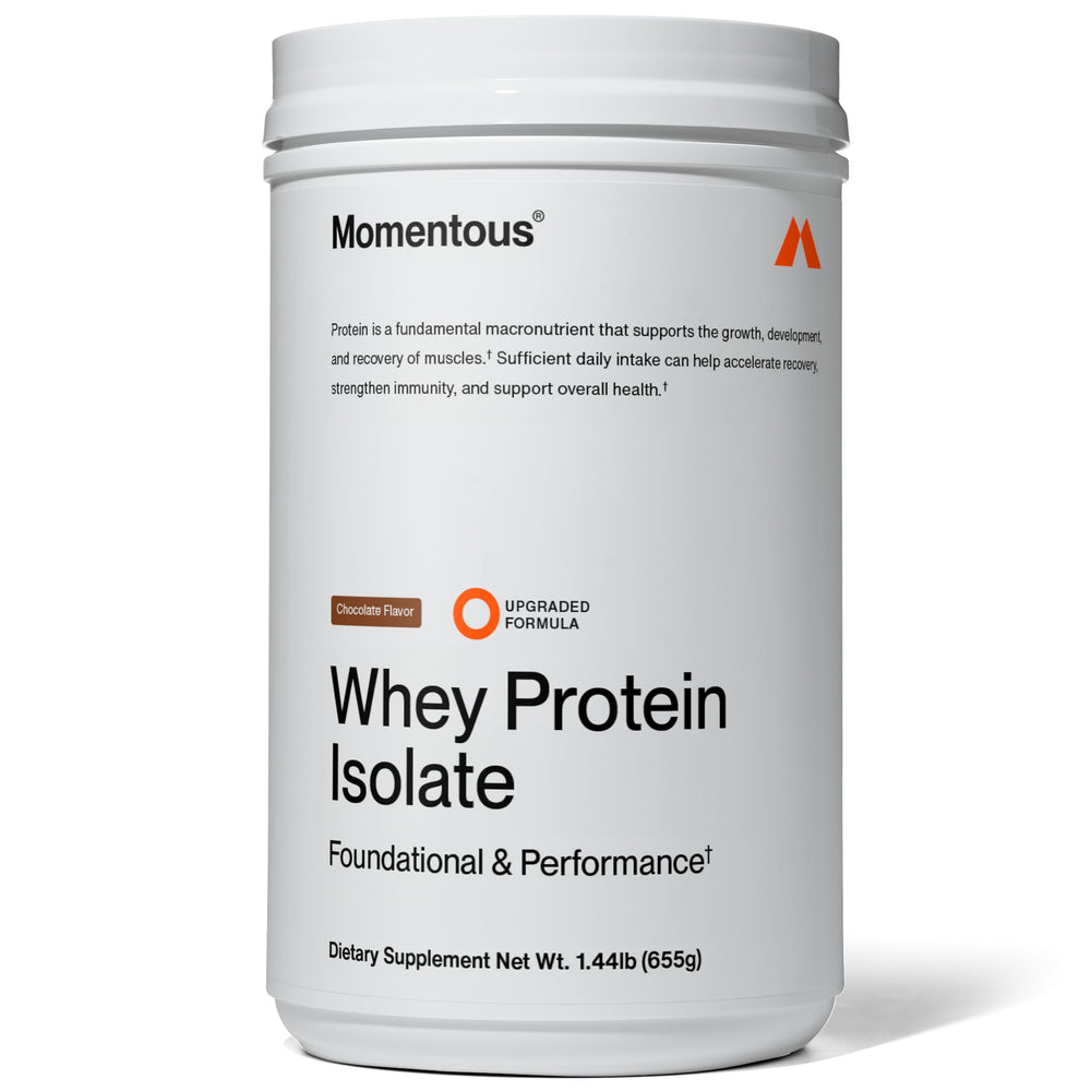 Momentous Essential grass-fed whey powder chocolate bottle for post-workout fueling.