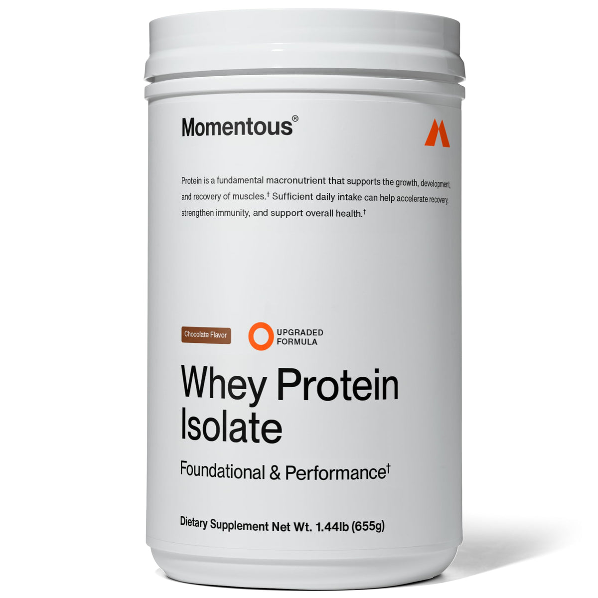 Momentous Essential grass-fed whey powder chocolate bottle for post-workout fueling.