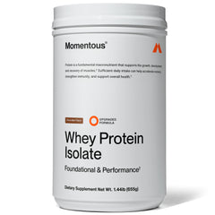 Momentous Essential grass-fed whey powder chocolate bottle for post-workout fueling.