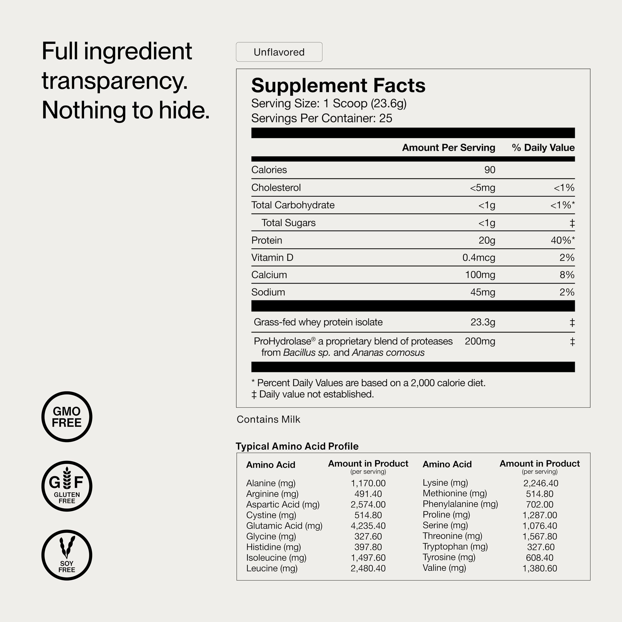 Momentous Essential grass-fed whey powder in jar shows fine texture