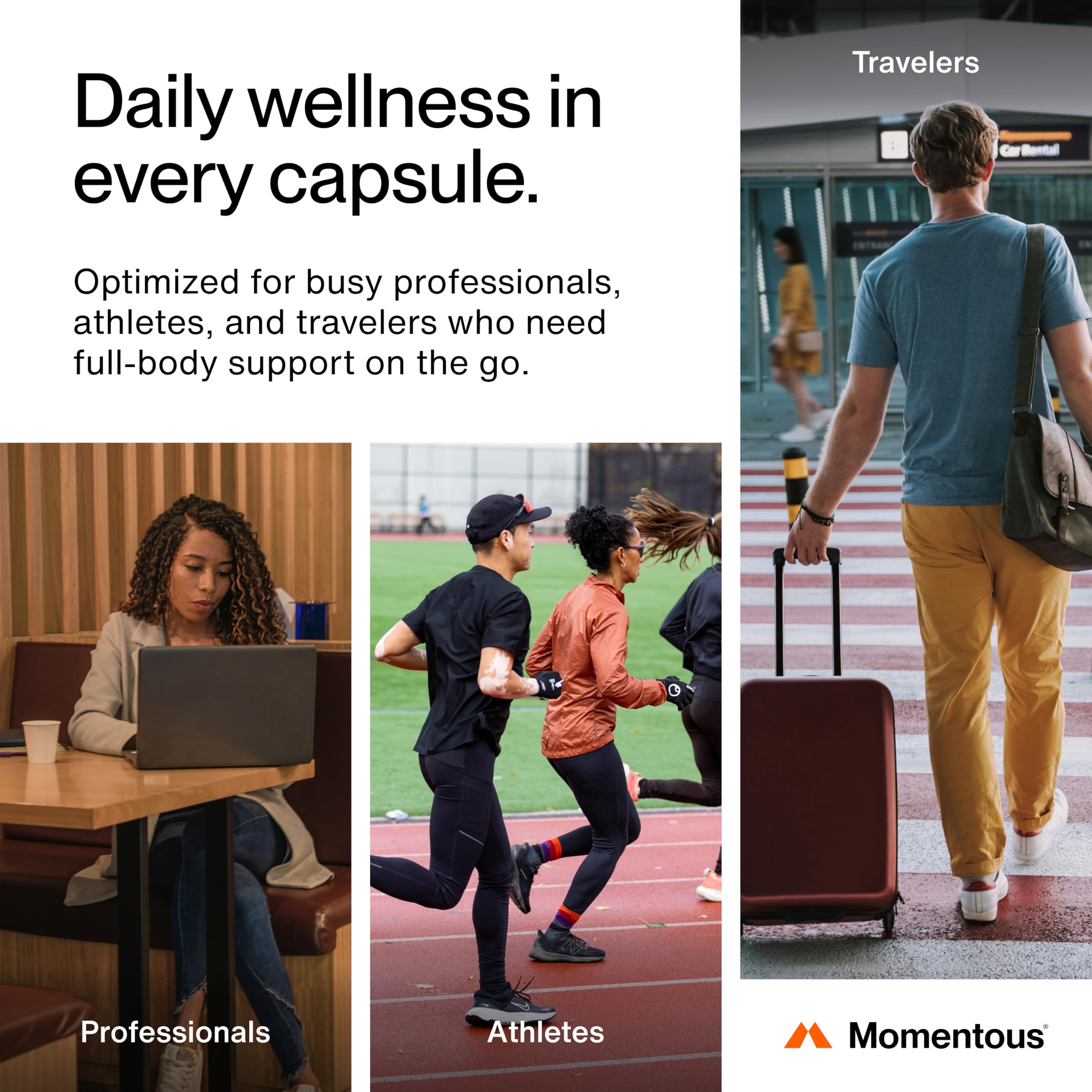 Momentous Essential Multivitamin bottle with glass of water illustrates daily use.