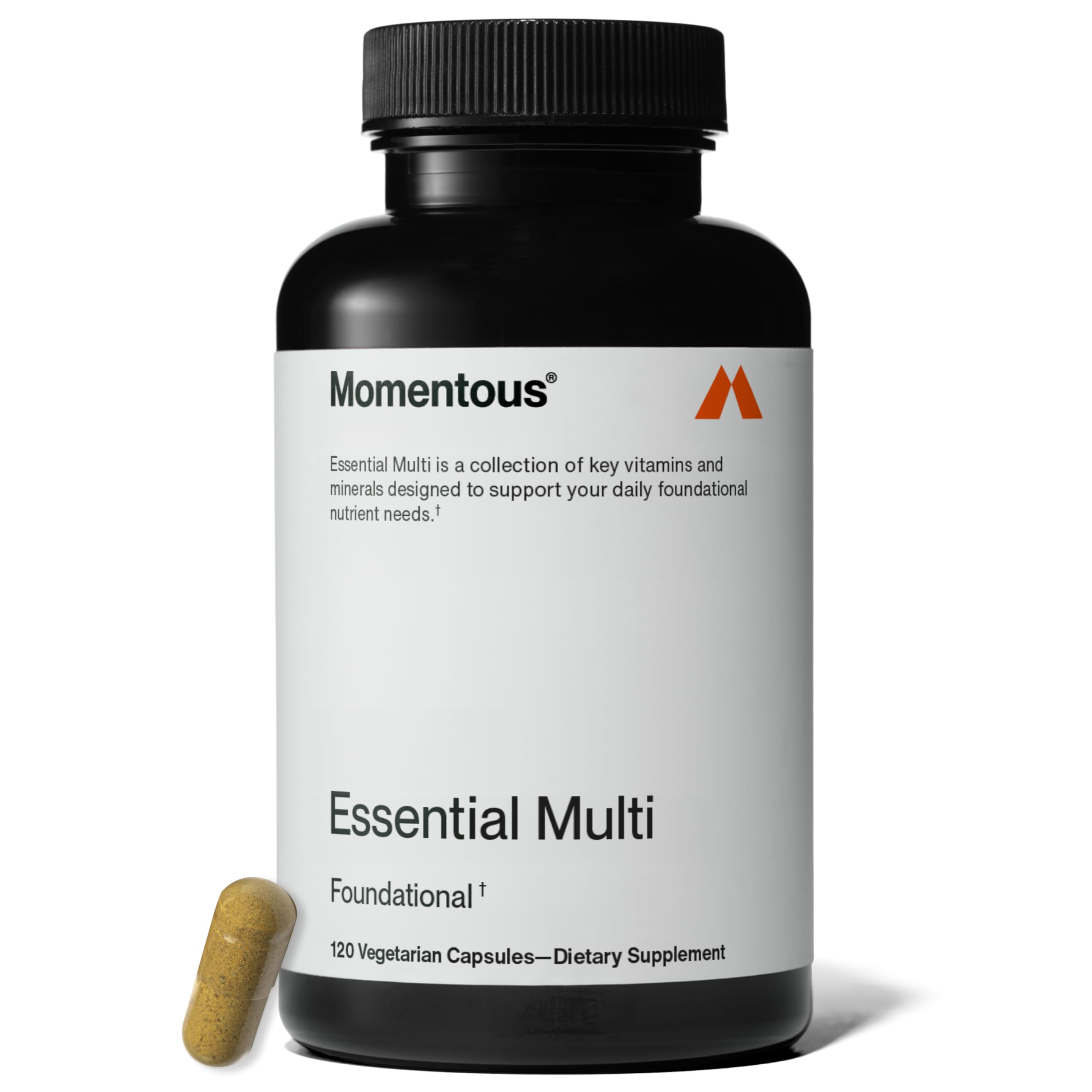 Momentous Essential Multivitamin bottle front view promotes daily wellness.
