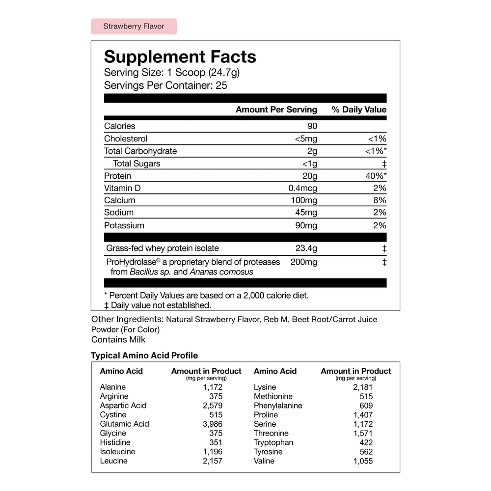 Momentous Essential strawberry whey powder serving with scoop for daily use.
