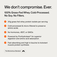 Momentous Essential whey powder ingredients label close-up highlighting purity.