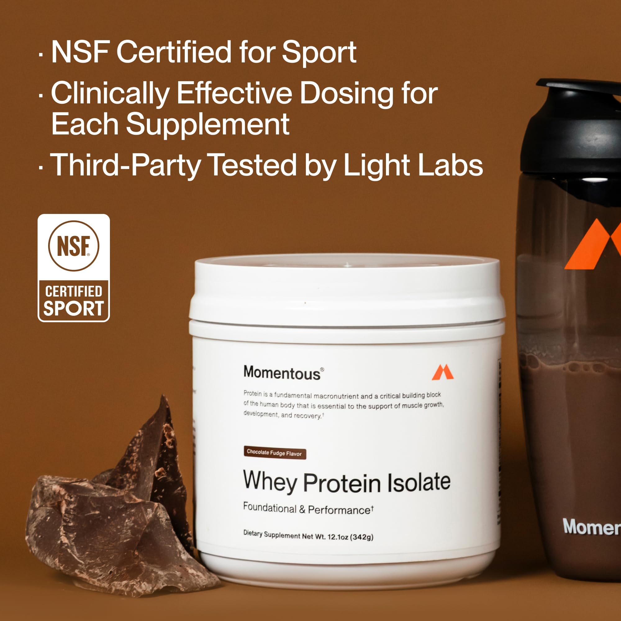 Momentous Essential whey protein chocolate fudge glass shaker enables smooth blends