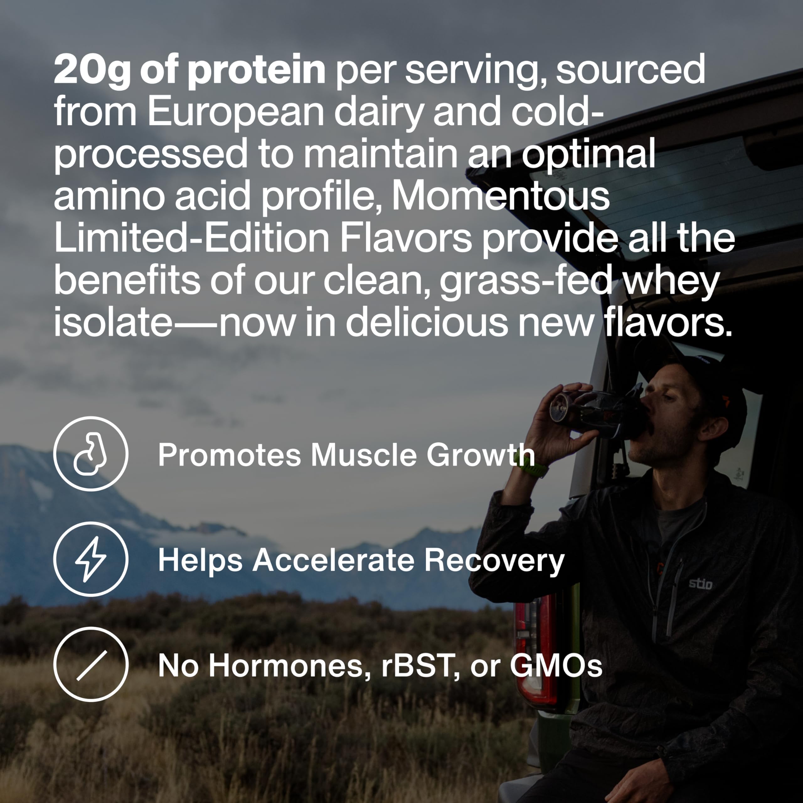 Momentous Essential whey protein chocolate fudge scoop provides convenient daily serving