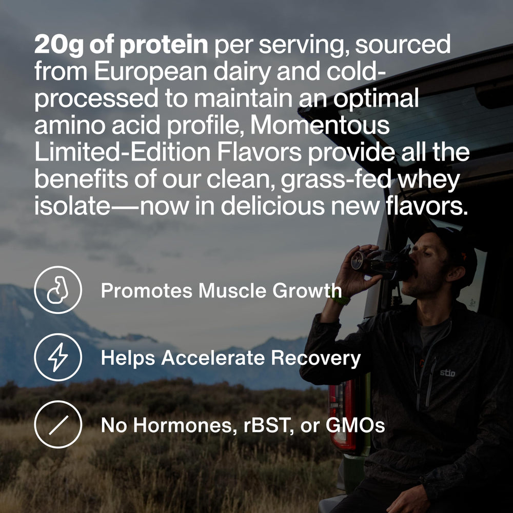 Momentous Essential whey protein chocolate fudge scoop provides convenient daily serving