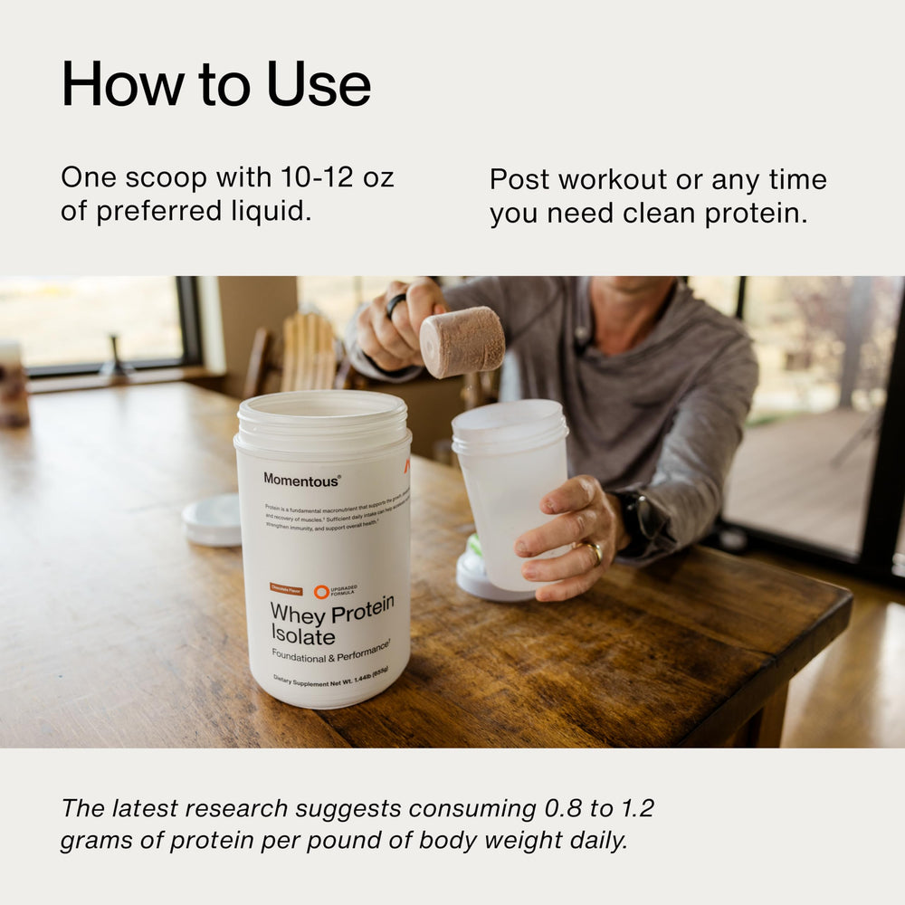 Momentous Essential whey mixed in a glass with milk for flavor trial.