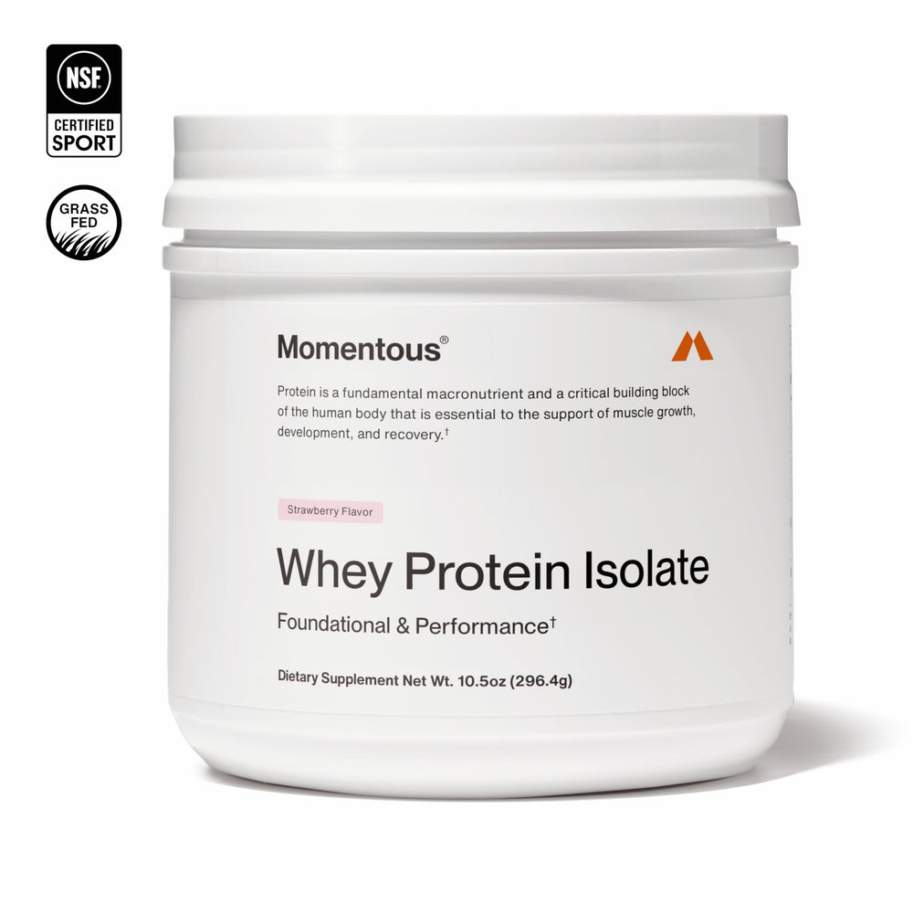 Momentous Essential Whey with scoop and bottle for quick shakes after workouts