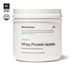 Momentous Essential Whey with scoop and bottle for quick shakes after workouts