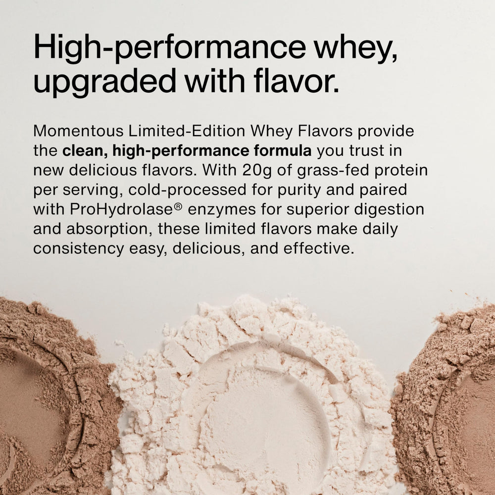 Scoop of Momentous Essential grass-fed whey powder tipping into glass of water for quick hydration