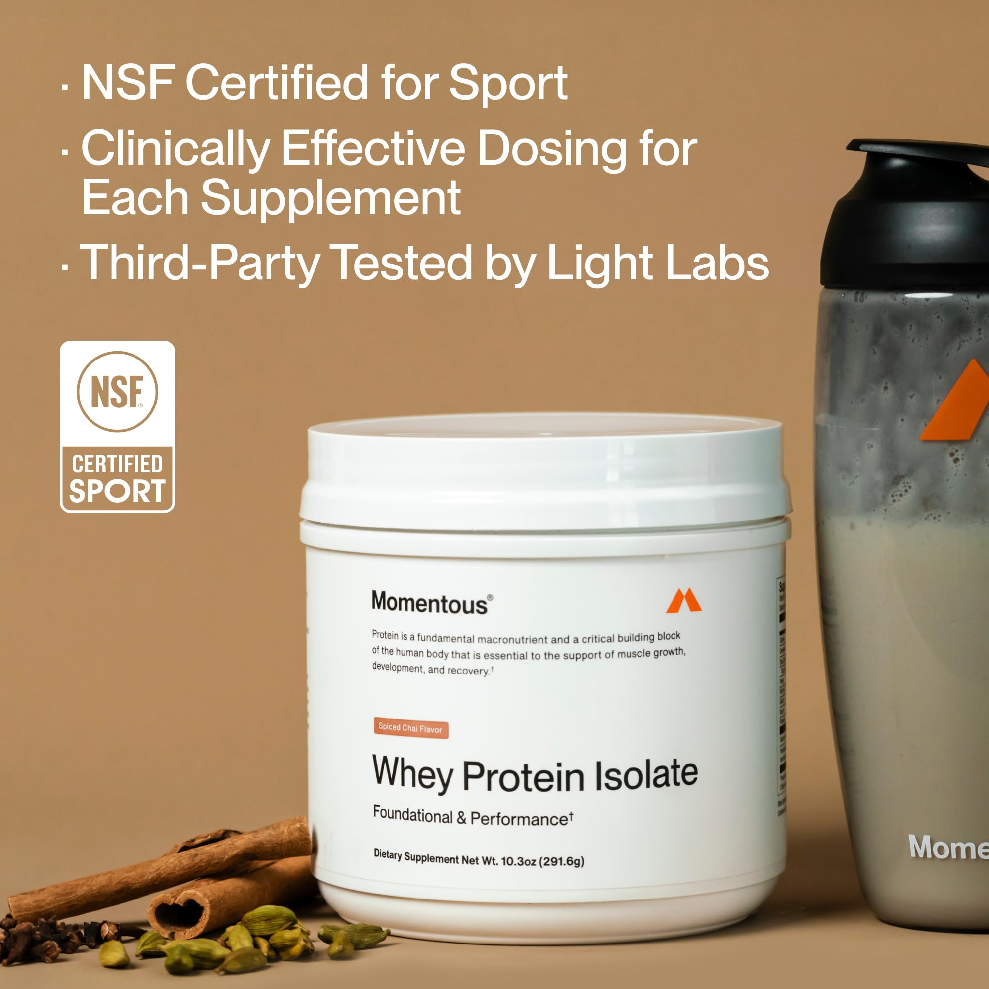 Creamy spiced chai smoothie made with Momentous Essential whey