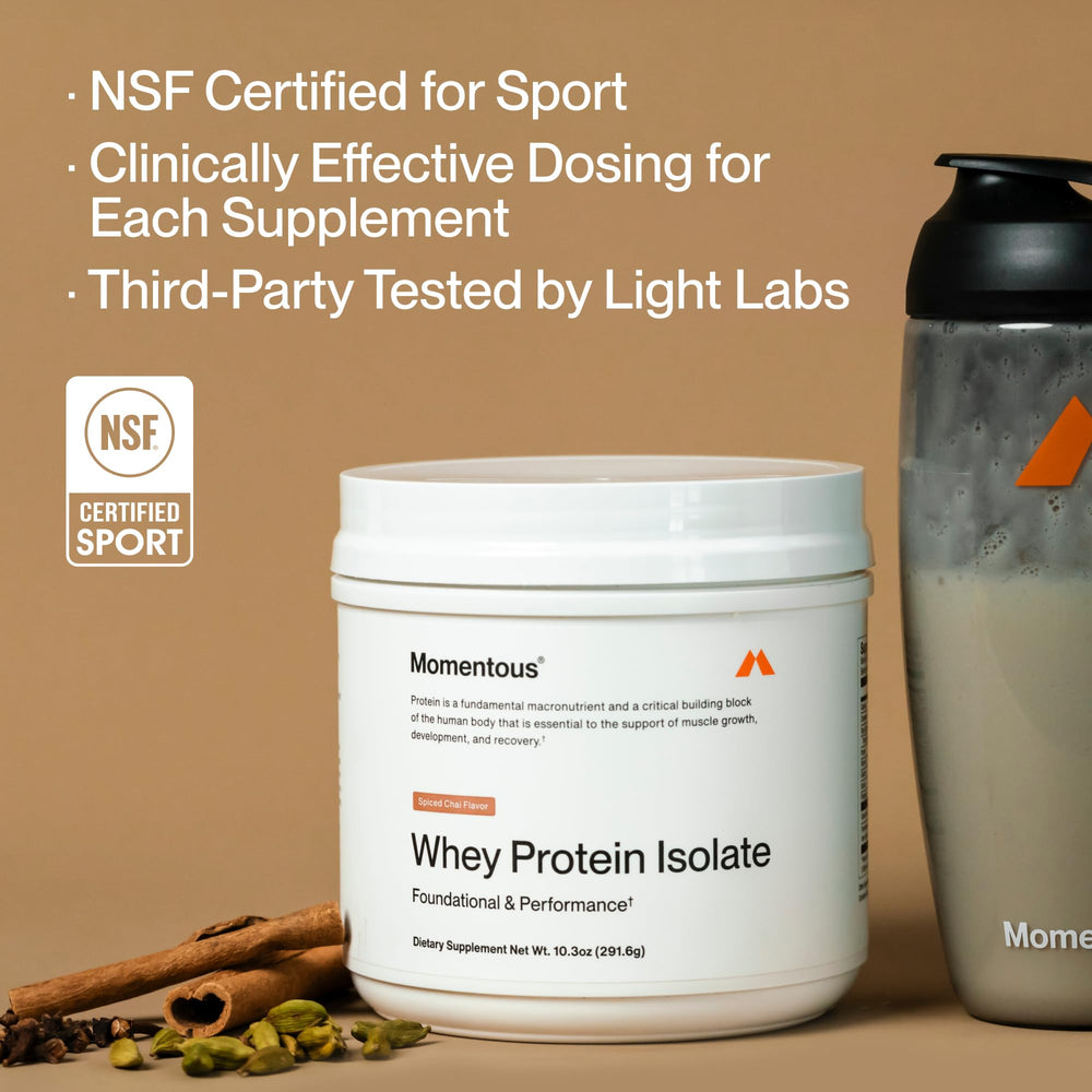 Creamy spiced chai smoothie made with Momentous Essential whey