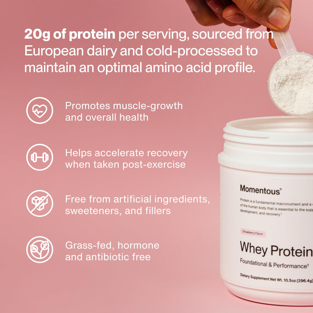 Momentous Essential Whey Strawberry Powder Bag highlighting flavor and texture
