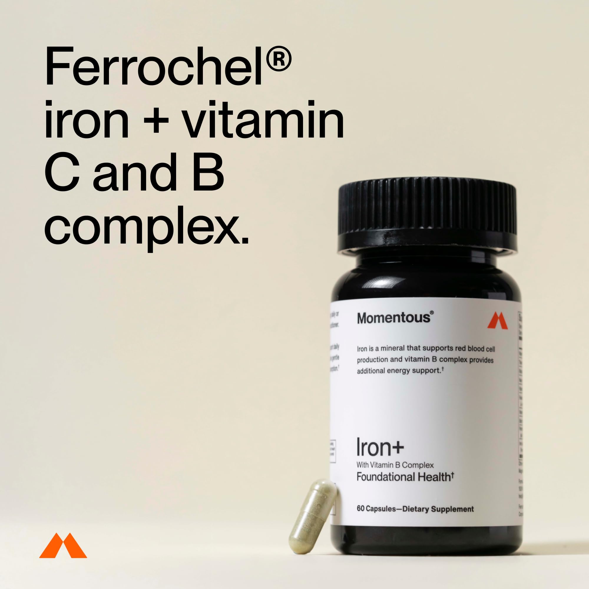 Momentous Iron+ pour image emphasizes simple dosing and convenient daily supplementation.