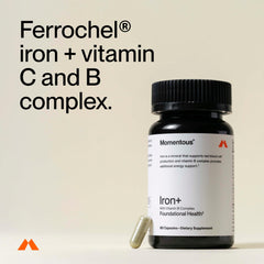 Momentous Iron+ pour image emphasizes simple dosing and convenient daily supplementation.