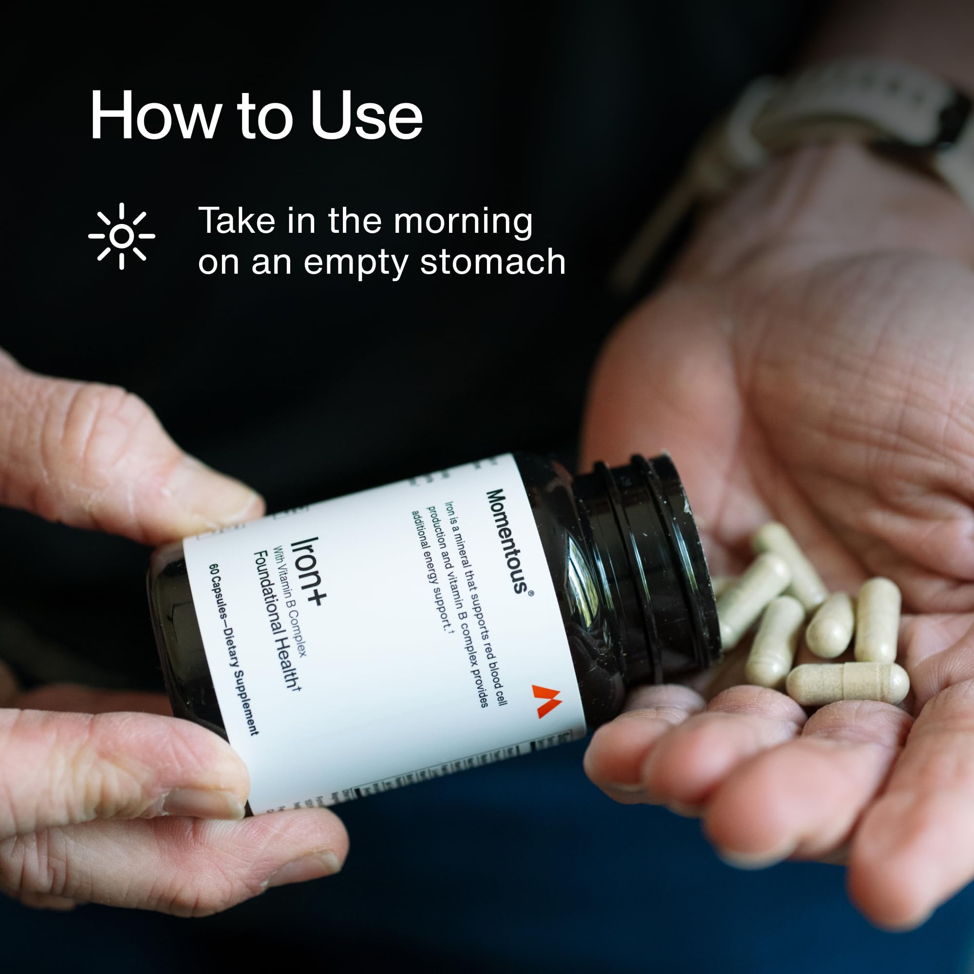 Momentous Iron+ vitamin C complex suggests enhanced iron absorption and immune-boosting support.