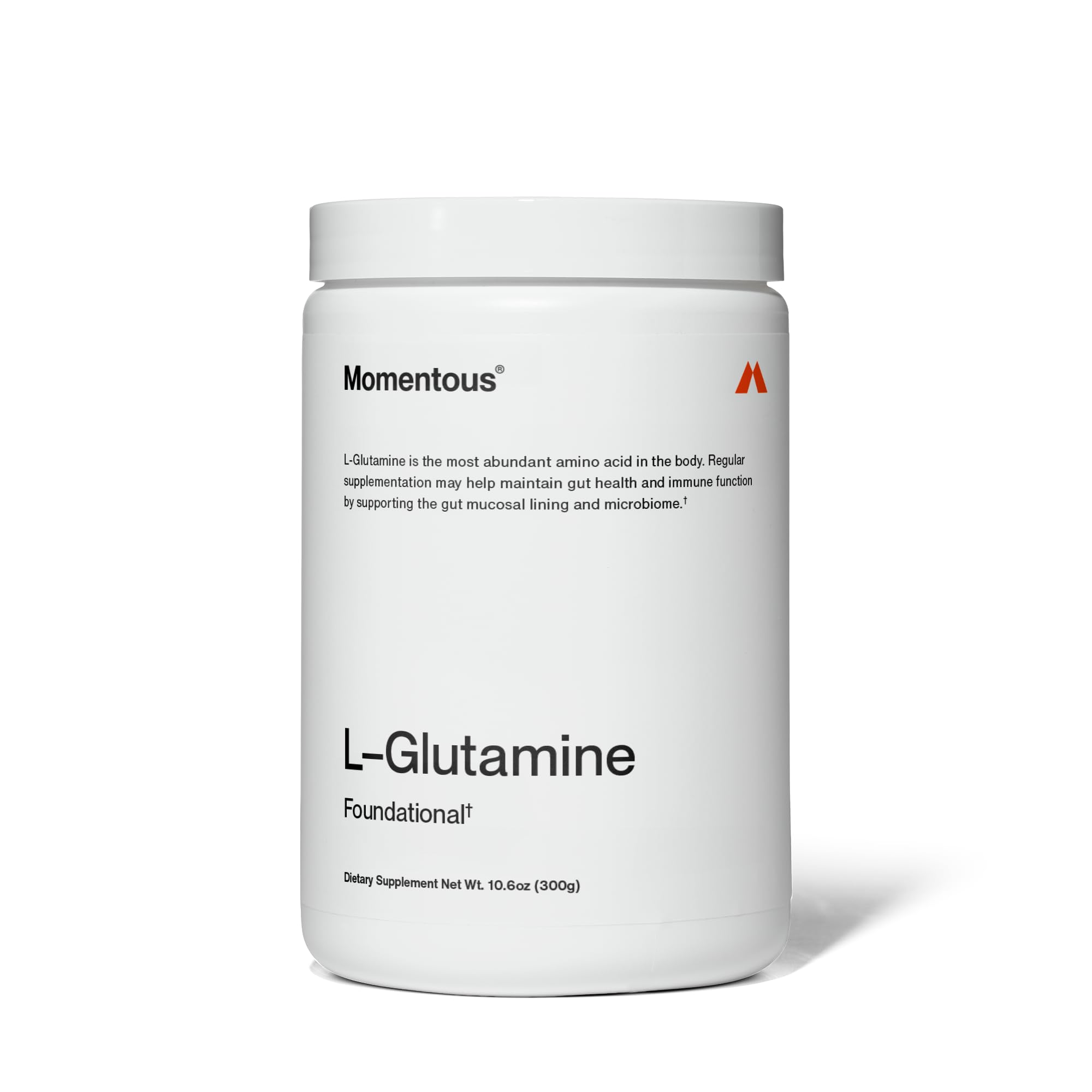 Momentous L-Glutamine powder bottle pouring for gut health support