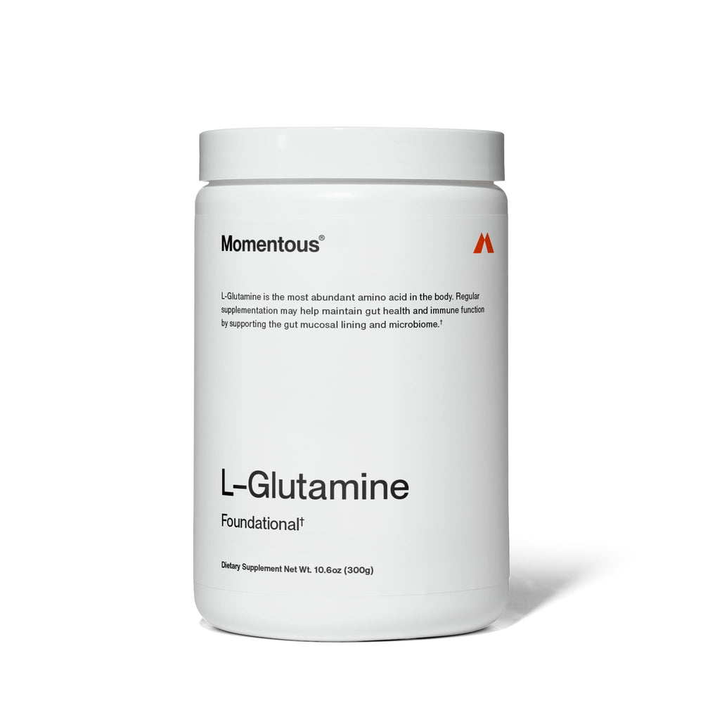 Momentous L-Glutamine powder bottle pouring for gut health support