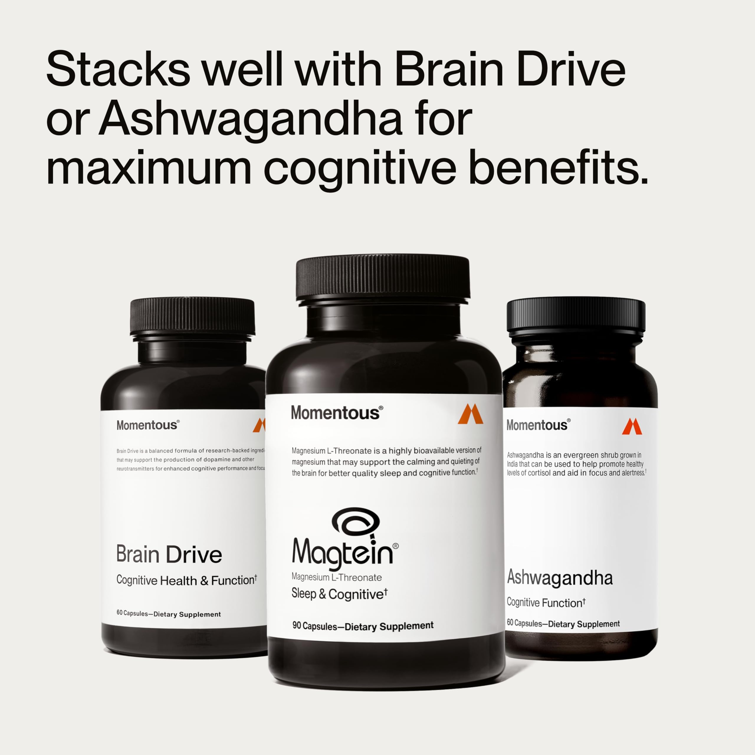 Momentous Magtein capsules on a guide card link to daily cognitive rituals.
