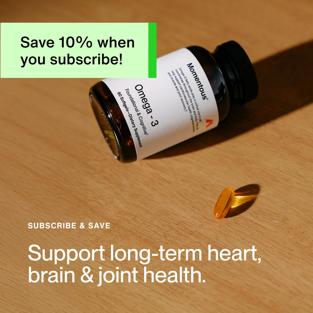 Momentous Omega-3 bottle displays 30 servings per bottle.