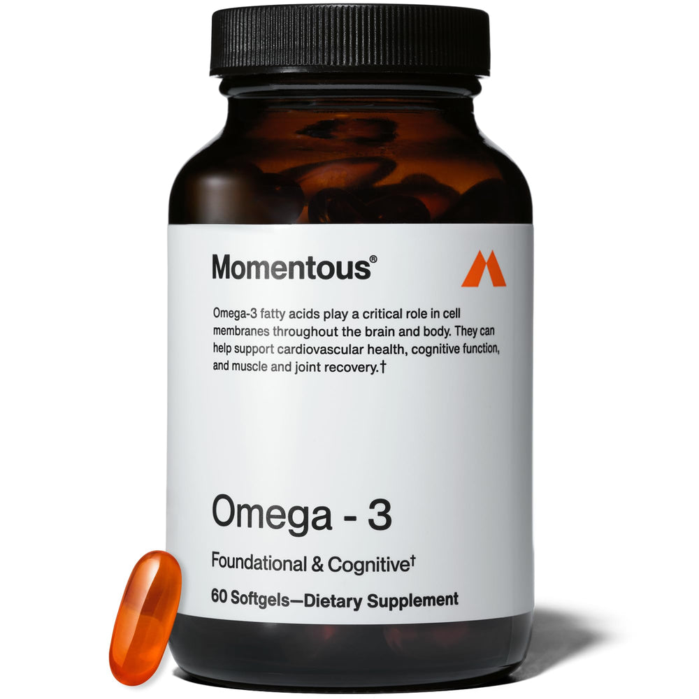 Momentous Omega-3 fish oil bottle front shows label with 1,600 mg EPA+DHA.