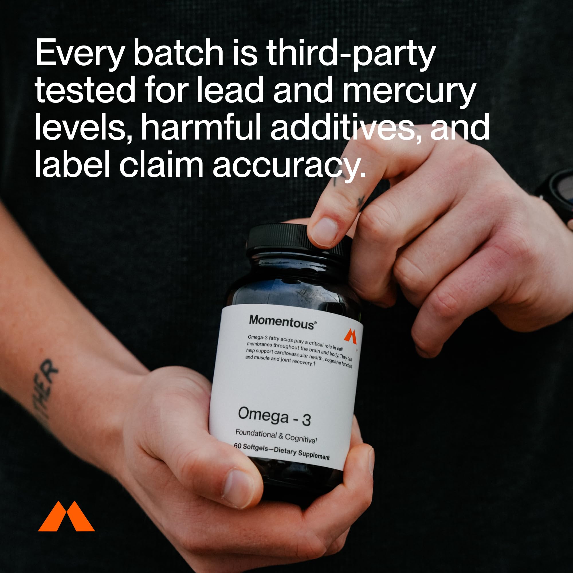 NSF Certified for Sport logo on Momentous Omega-3 bottle.