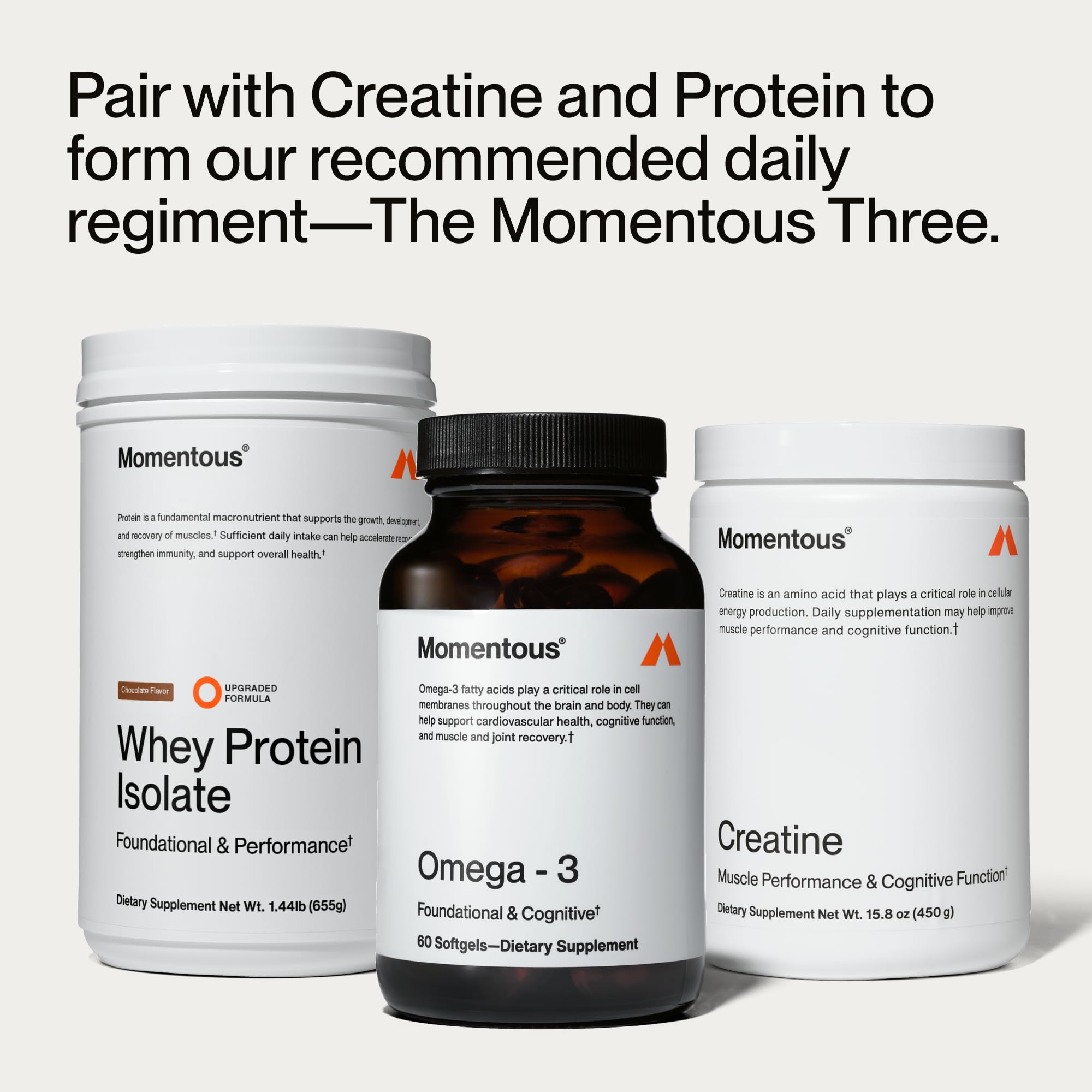 Serving size visual for Momentous Omega-3 showing two softgels with meals.