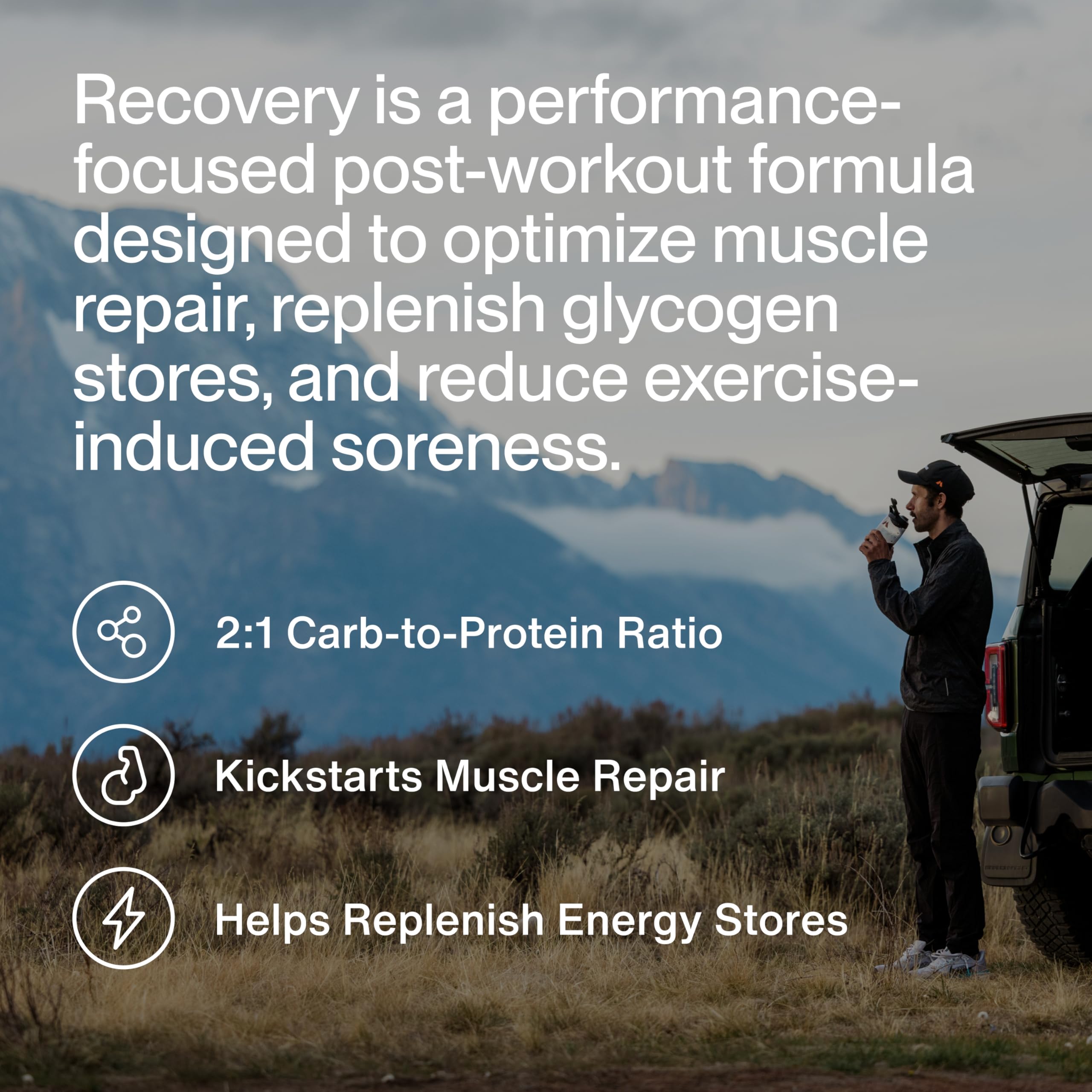 Momentous Recovery powder canister with vanilla label demonstrates premium grass-fed whey protein.