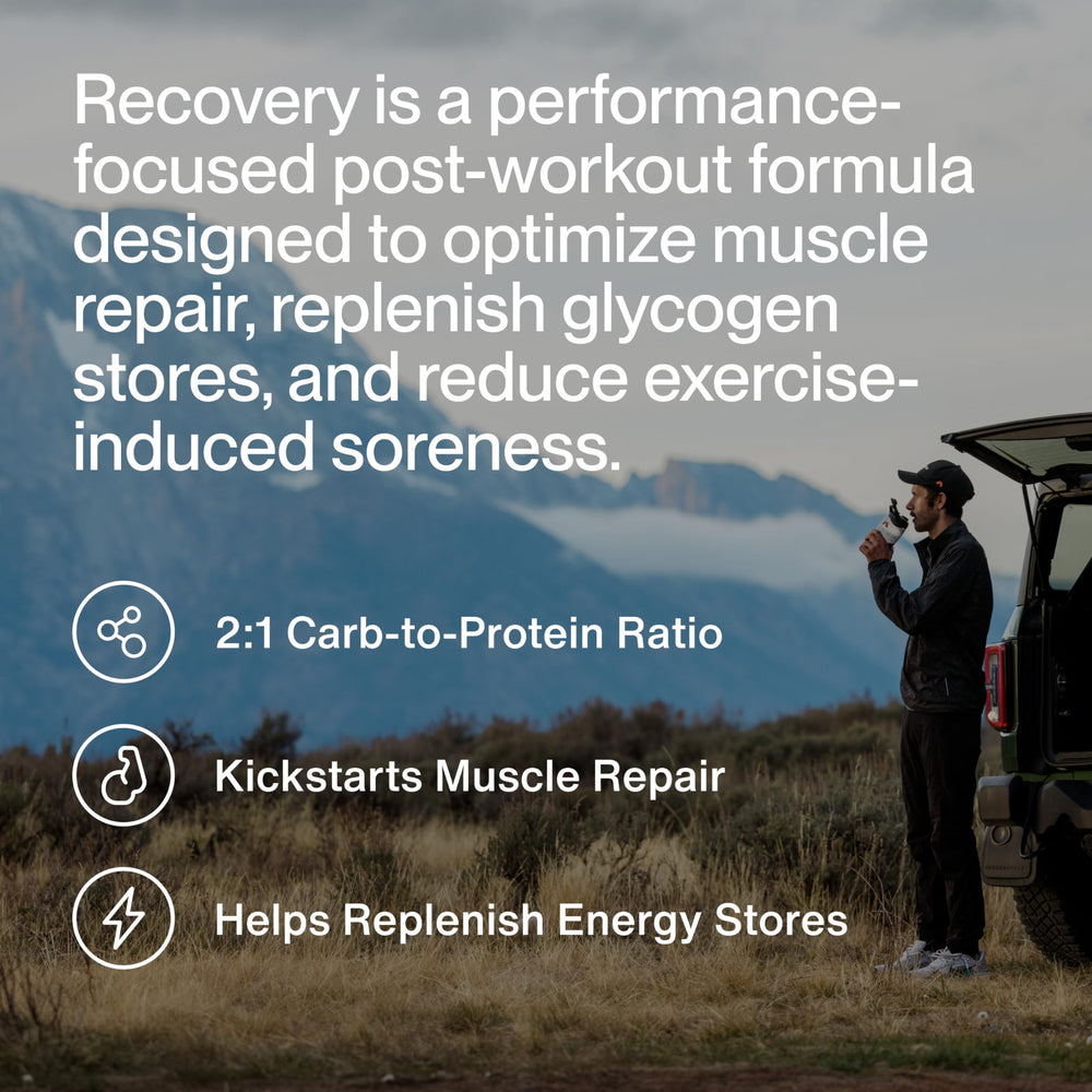Momentous Recovery powder canister with vanilla label demonstrates premium grass-fed whey protein.