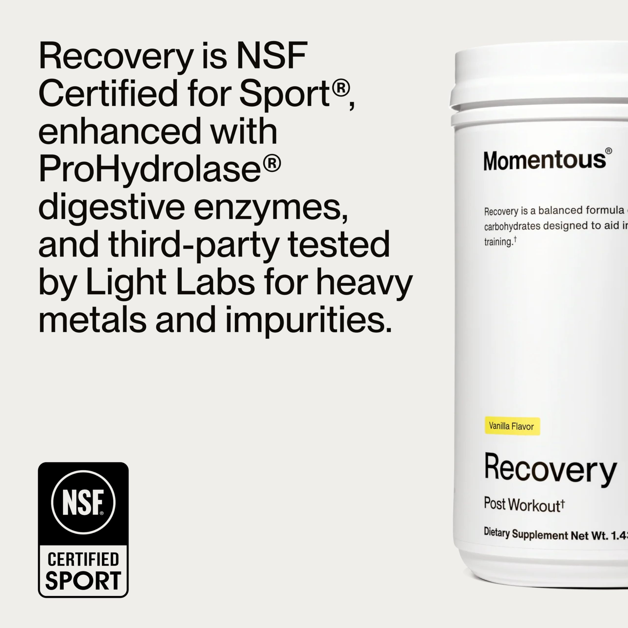 Momentous Recovery canister close-up of ingredient list highlighting 2:1 protein-to-carb ratio.