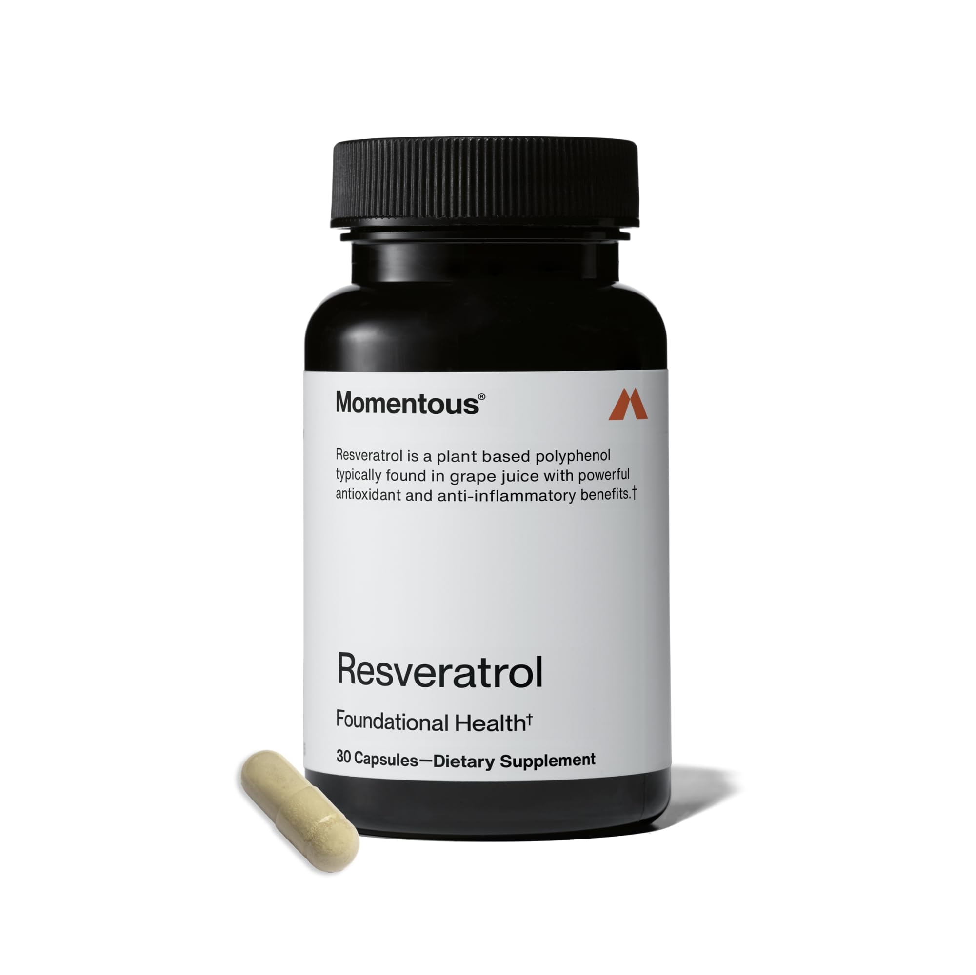 Momentous Resveratrol bottle front showing the 450 mg formula for healthy aging.