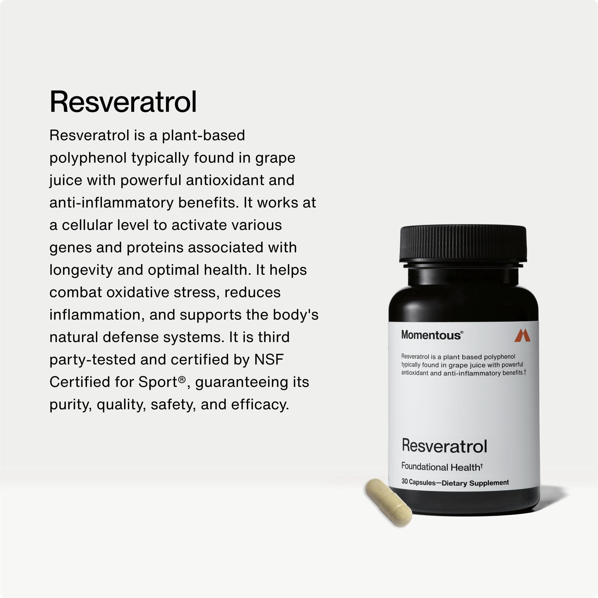 Momentous Resveratrol bottle side view highlighting packaging details.