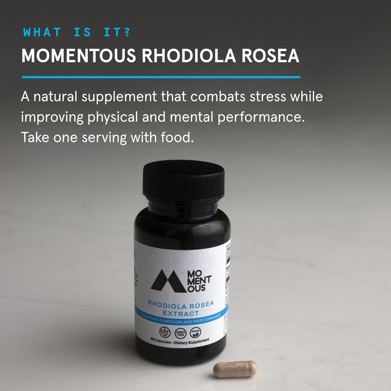 Momentous Rhodiola Rosea label showing dosage guidance for informed use