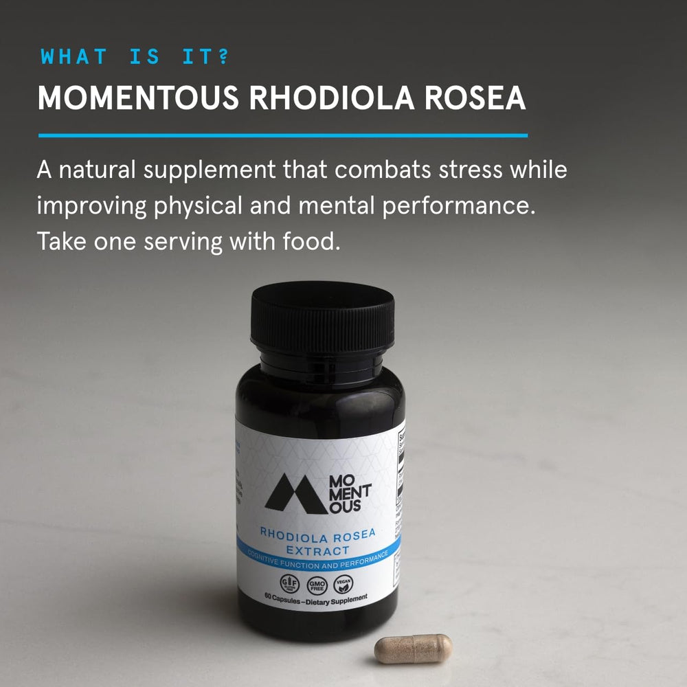 Momentous Rhodiola Rosea label showing dosage guidance for informed use