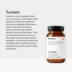 Momentous Turmeric bottle with glass conveys easy daily intake with food.