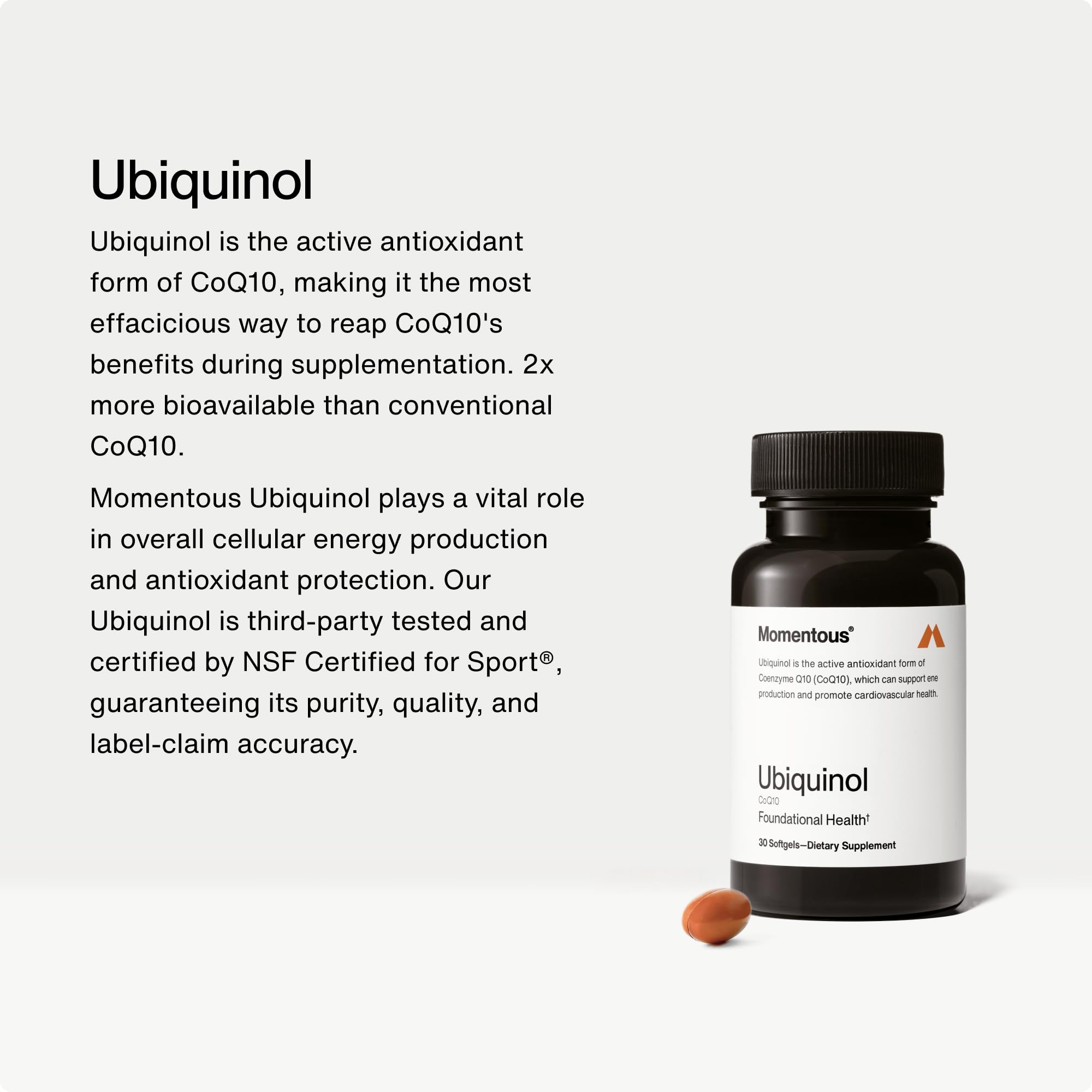 Momentous Ubiquinol softgel bottle back label highlights NSF for Sport and gluten-free status