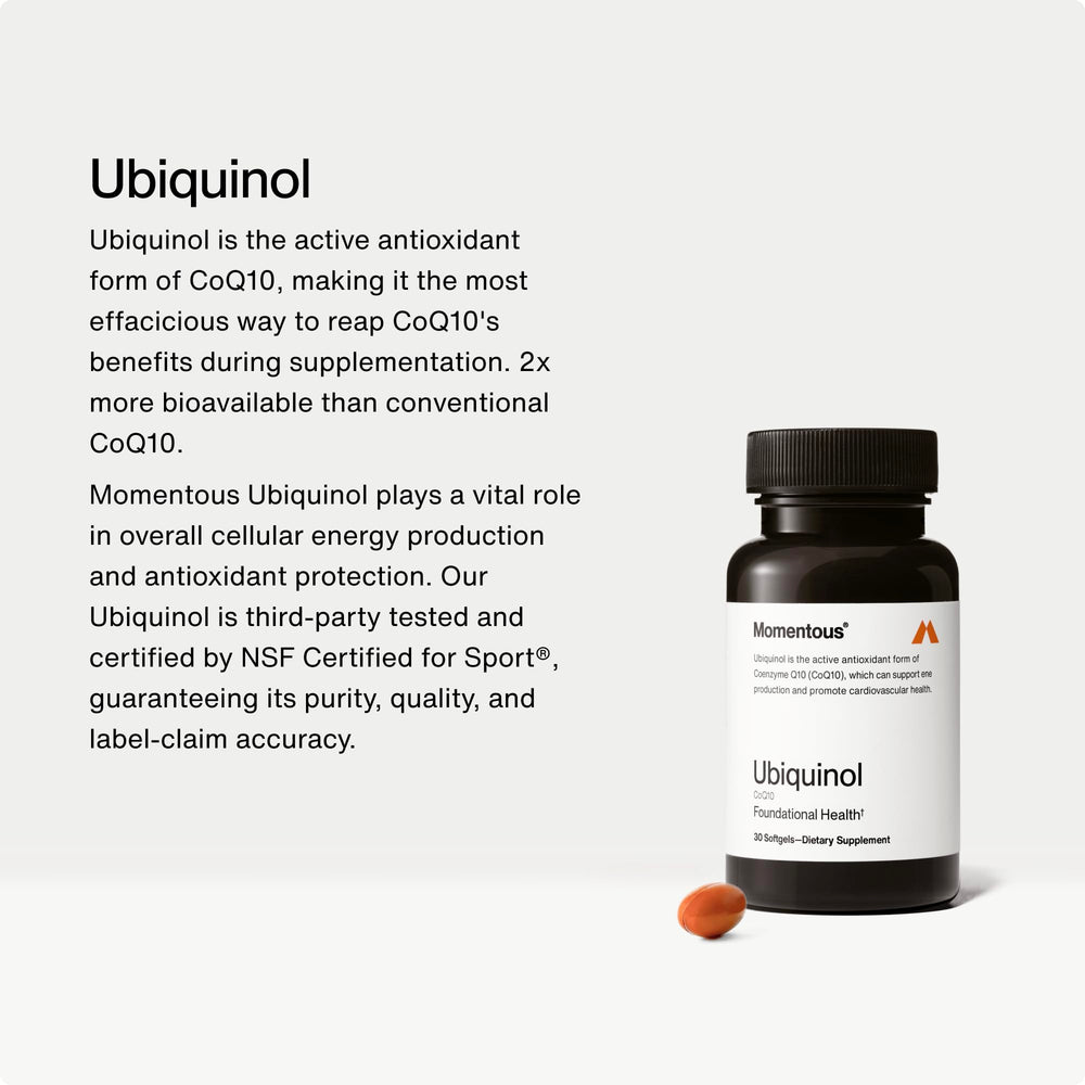 Momentous Ubiquinol softgel bottle back label highlights NSF for Sport and gluten-free status