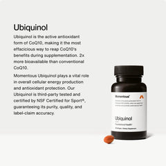 Momentous Ubiquinol softgel bottle back label highlights NSF for Sport and gluten-free status