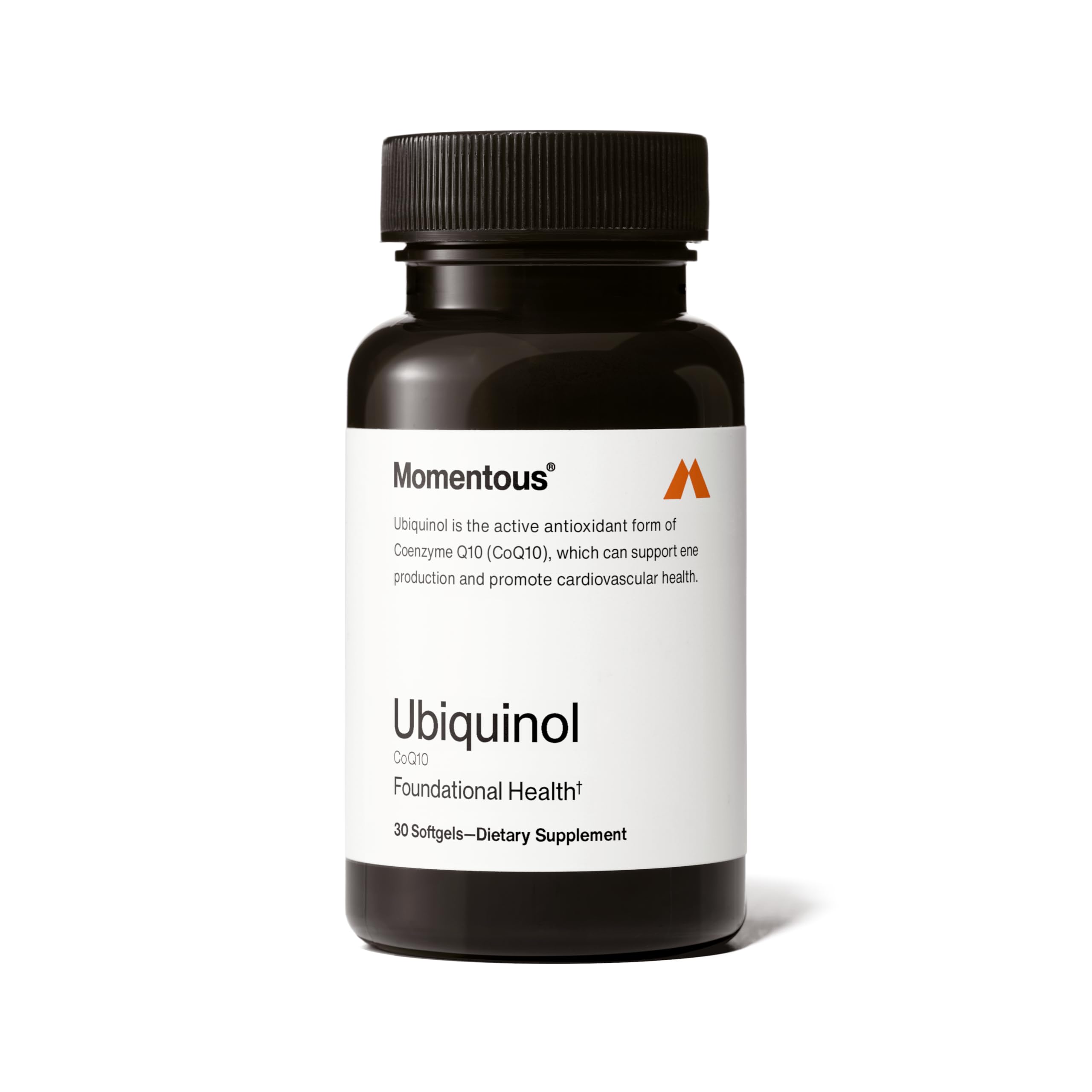 Momentous Ubiquinol softgel bottle front view showing plant-based CoQ10 support for daily energy