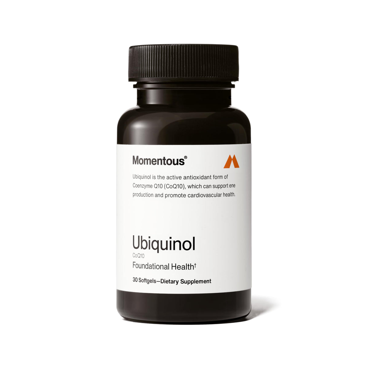 Momentous Ubiquinol softgel bottle front view showing plant-based CoQ10 support for daily energy