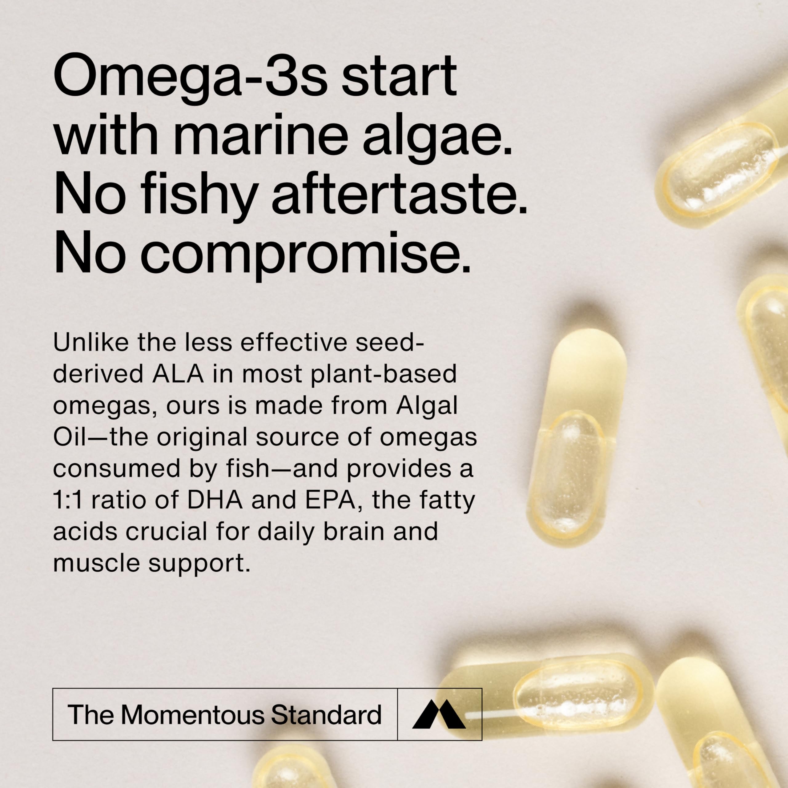 Momentous Vegan Omega-3 algae oil source shown for optimal fatty acid intake.