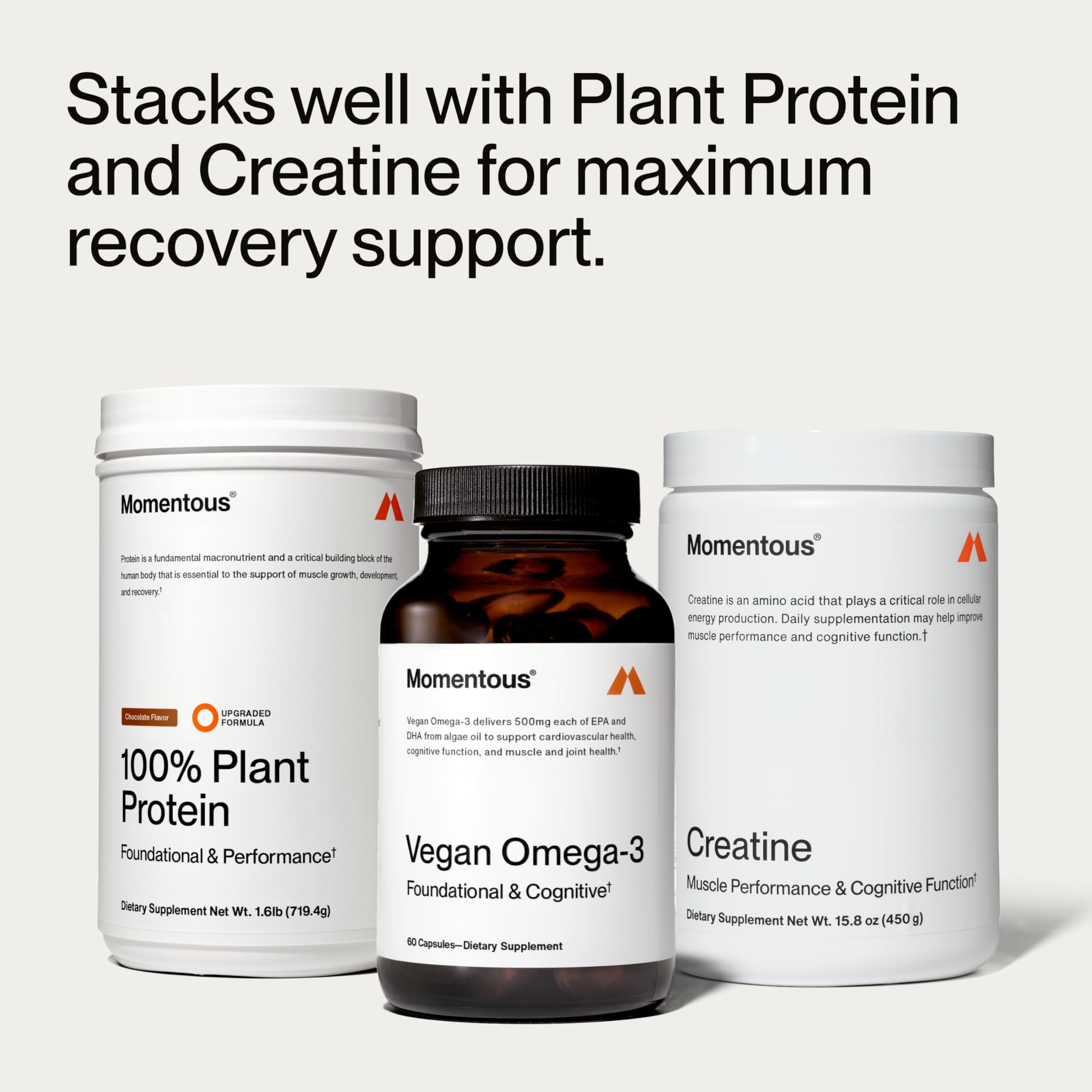 Momentous Vegan Omega-3 bottle open showcases ready-to-take capsules.