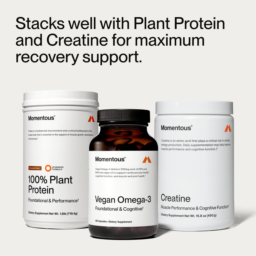 Momentous Vegan Omega-3 bottle open showcases ready-to-take capsules.
