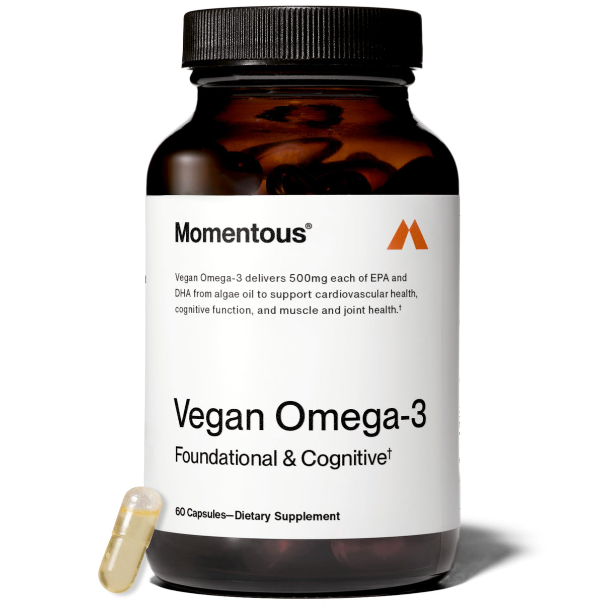 Momentous Vegan Omega-3 bottle highlighting algae-based EPA and DHA for daily use.