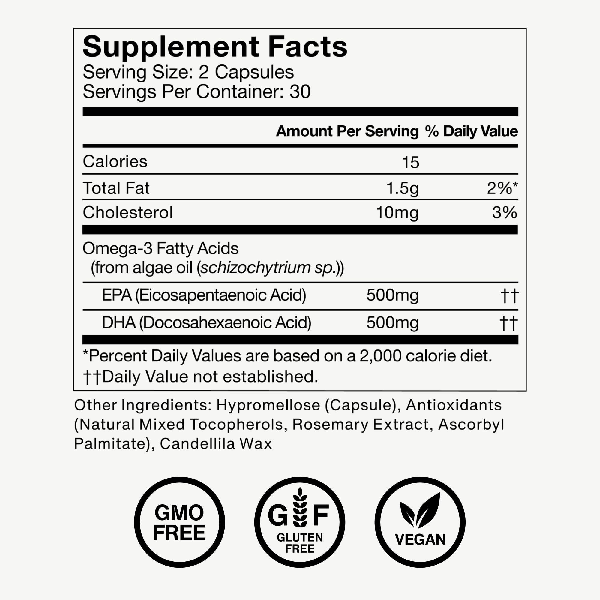 Momentous Vegan Omega-3 label highlights 500 mg EPA and DHA per serving.